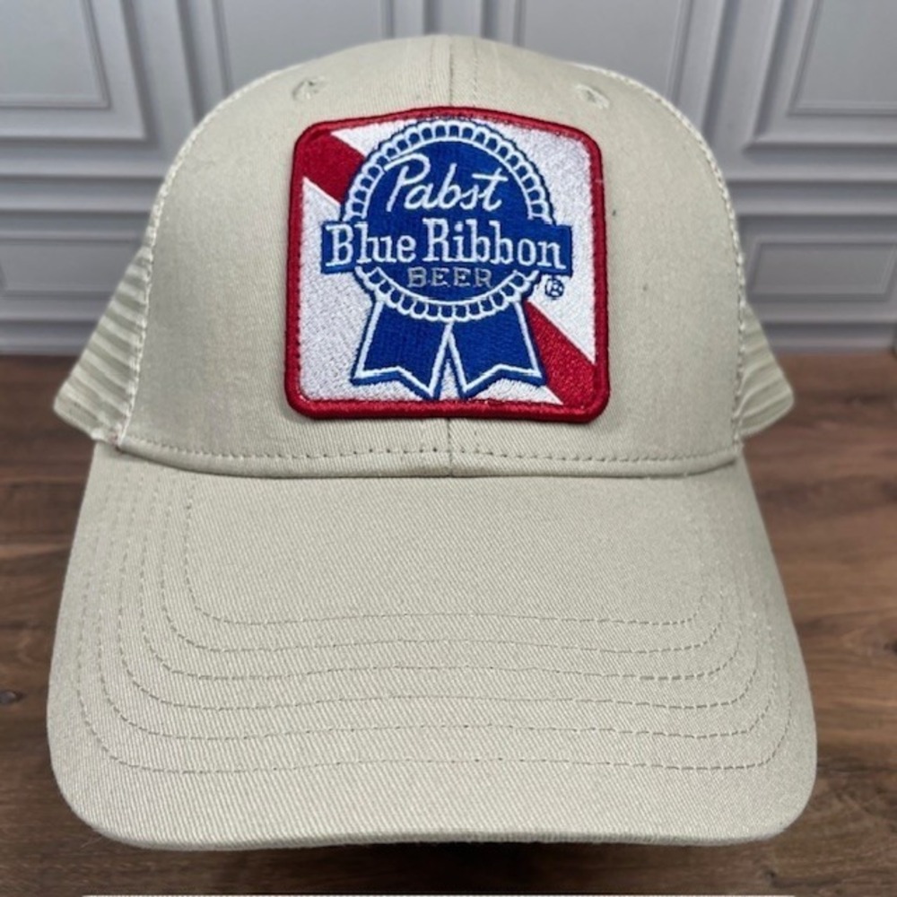 Pabst Blue Ribbon Square Logo Embroidered Patch Adjustable‎ Trucker Hat Beige